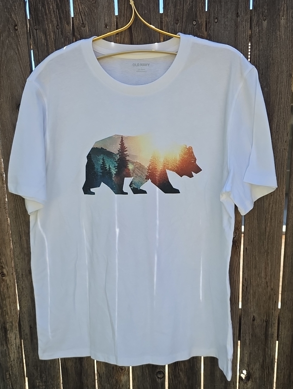 Old Navy White Bear Silhouette Graphic Tee with Forest Sunset